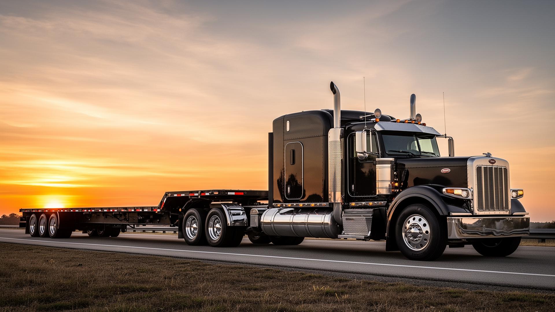 flatbed truck at sunset